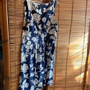Lands’ End cotton dress, navy and white.